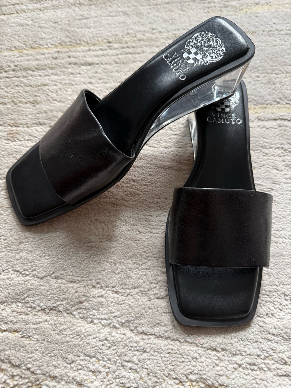 Vince Camuto Black Square Toe Clear Lucite Block Heel Slide Sandals Size 7